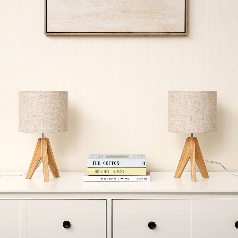 Set of 2 Modern Desk Lamps with Linen Drum Shade and Wooden Tripod Base for Bedroom or Living Room