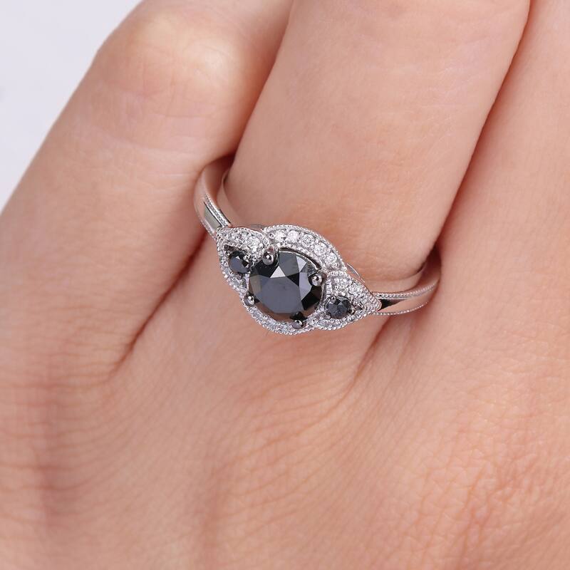 Miadora 1 1/6ct TDW Black & White Diamond 3-Stone Halo Engagement Ring in 14k White Gold