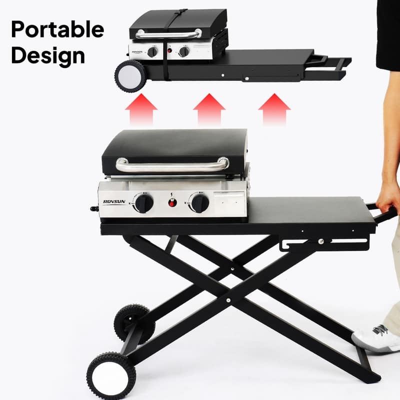2 Burner Foldable Propane Griddle Rolling Flat Top Gas Grill with Wheels and Lid for Outdoor Cooking - N/A