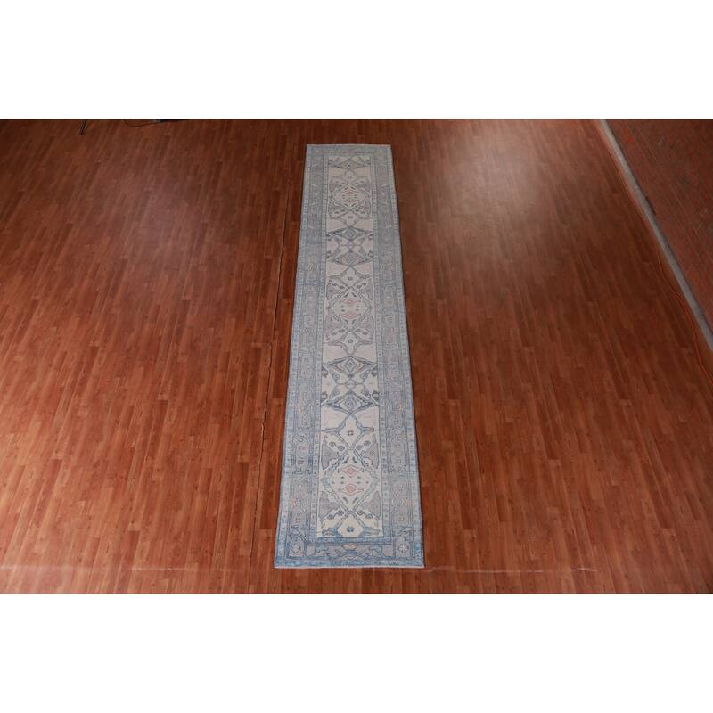 Hand Knotted Oriental 100% Wool Carpet Transitional Geometric Beige & Ivories Oushak Runner Rug - 14' 11'' X 3' 2''