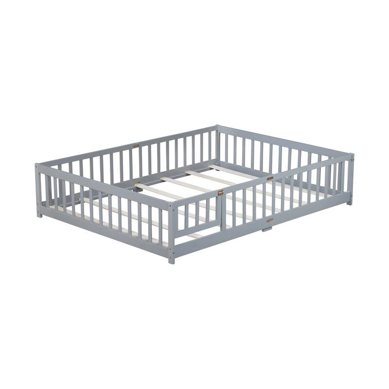 Roomfitters Twin/Full/Queen Rubber Wood Floor Bed with Fence and Swing Door, Safety Guardrails, Low Profile Design