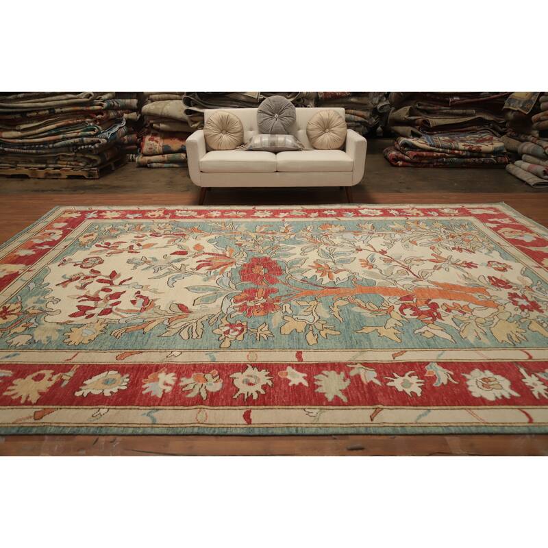 Hand Knotted Oriental 100% Wool Carpet Transitional Floral Green Oushak Area Rug - 14' 0'' X 10' 1''