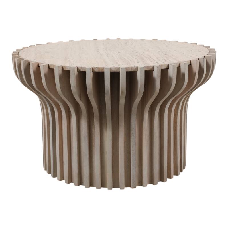 Decorative Travertine Accent Table with Wodden Carved Base- 25", White