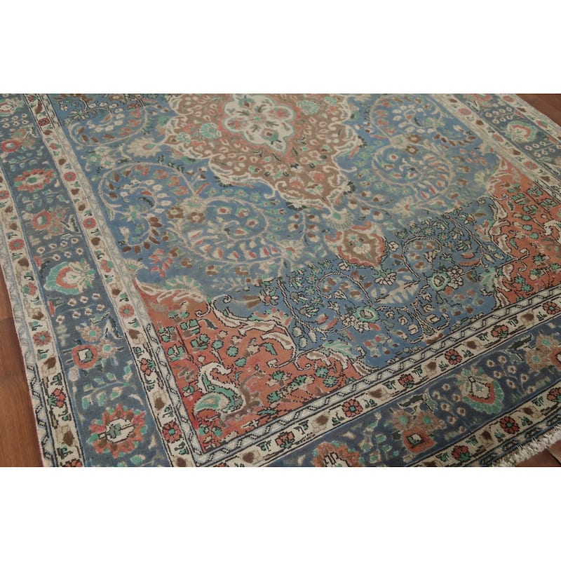 Blue Floral Tabriz Persian Vintage Area Rug Handmade Wool Carpet - 6'7"x 9'11"