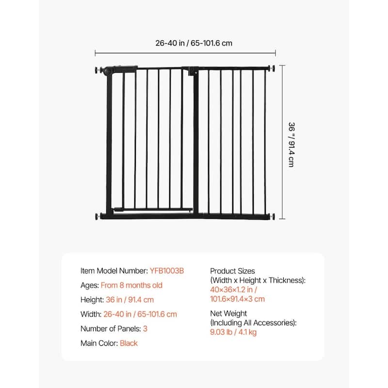 Adjustable 36-Inch Baby Gate with Auto-Close and One-Handed Operation Secure for Babies or Pets - 26-40”W x 36”H