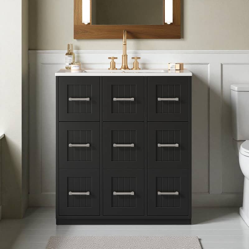 30-Inch Bathroom Vanity with Undermount Sink, Solid Wood Frame Cabinet with Tip-Out Drawer and Soft-Close Doors - Black