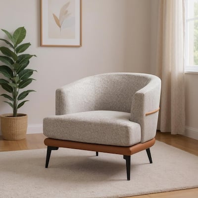 HomeRoots 29" Beige Terra Cotta and Black Linen Upholstered Wood Barrel Chair - 28.90 in. x 28.30 in. x 27.60 in.