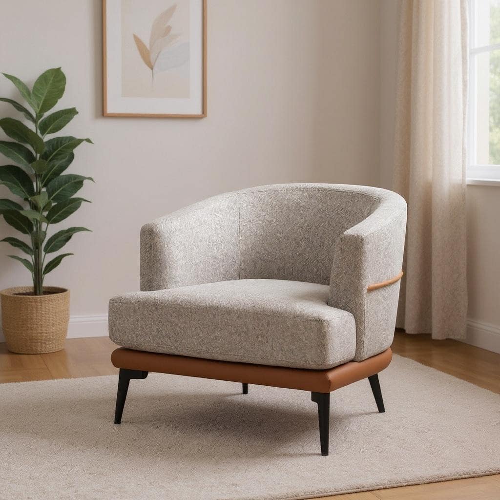 HomeRoots 29" Beige Terra Cotta and Black Linen Upholstered Wood Barrel Chair - 28.90 in. x 28.30 in. x 27.60 in.