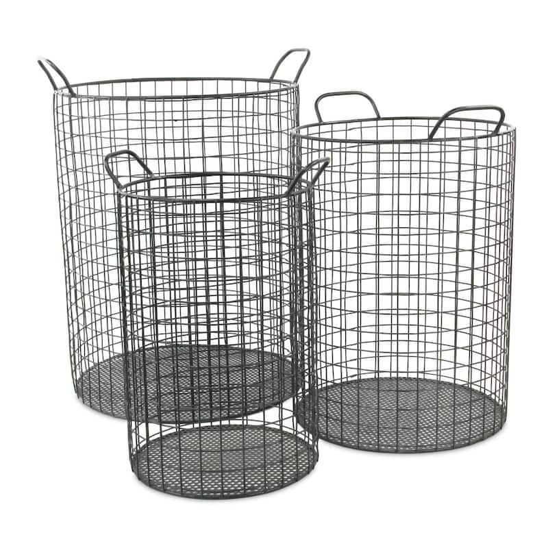3 Black Cylinder Wire Storage Container Baskets with Handles 20"