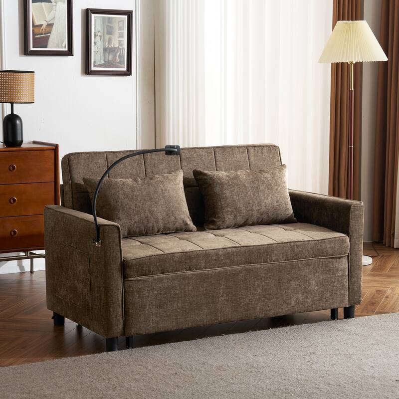 Roomfitters Loveseat Pull-Out Sofa Bed with Reversible Backrest Cushion, Side Pockets, USB Ports, and Phone Holder