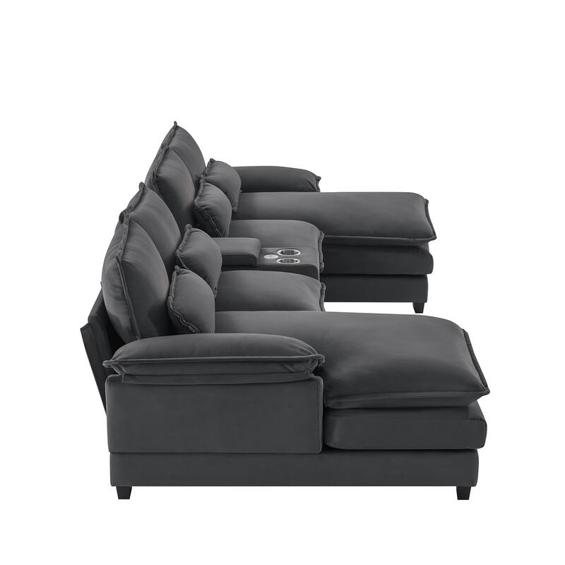 U-Shaped Upholstered Sectional Sofa Set w/ Double Chaise & USB Ports