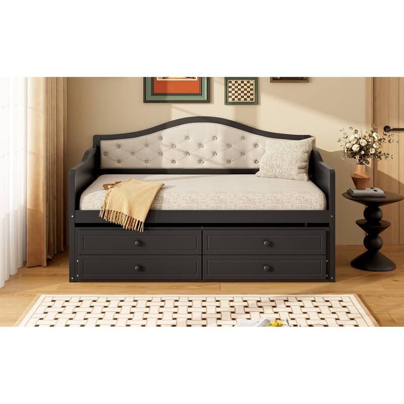 Wooden Frame Day Bed, Twin Size Daybed with Trundle Bed, Upholstered Tufted Button Backrest Sofa Bed with 2 Storage Drawers