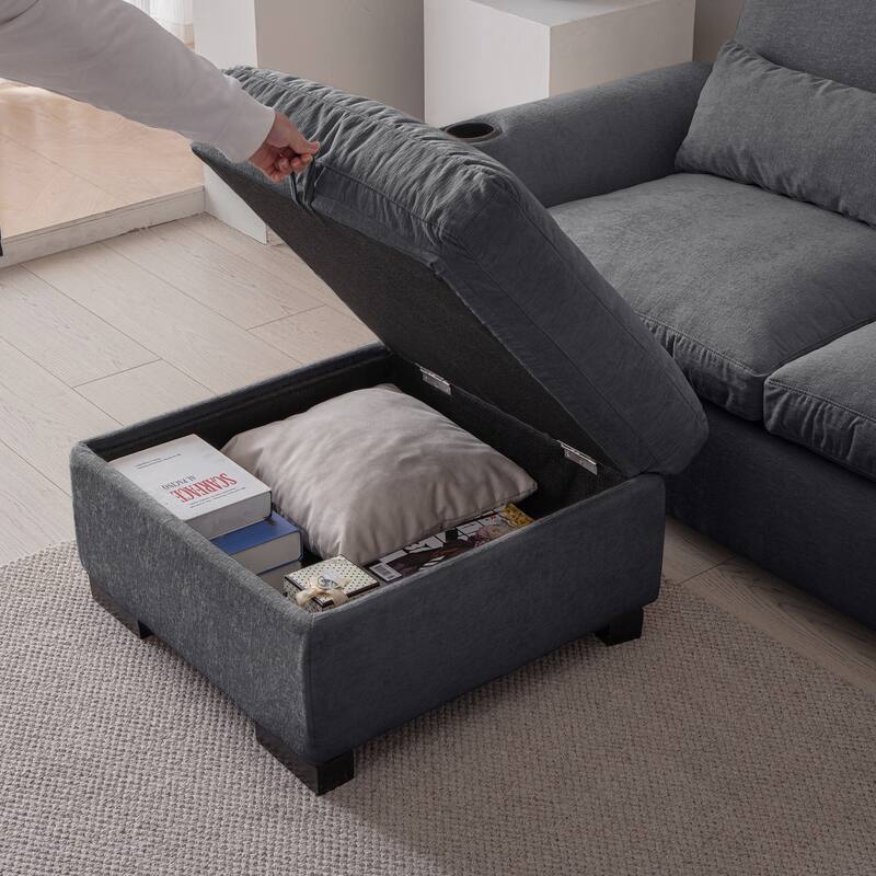 114.5" Modern Modular L Shaped Chenille Sofa with Reversible Ottoman, Storage, USB Ports & Cup Holder in Dark Grey
