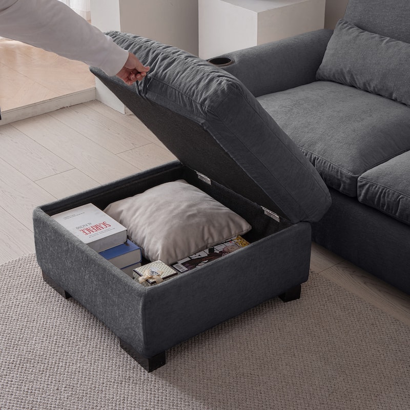 Modern L Shaped Chenille Oversized Sofa with Reversible Ottoman, USB Ports, and Cup Holder