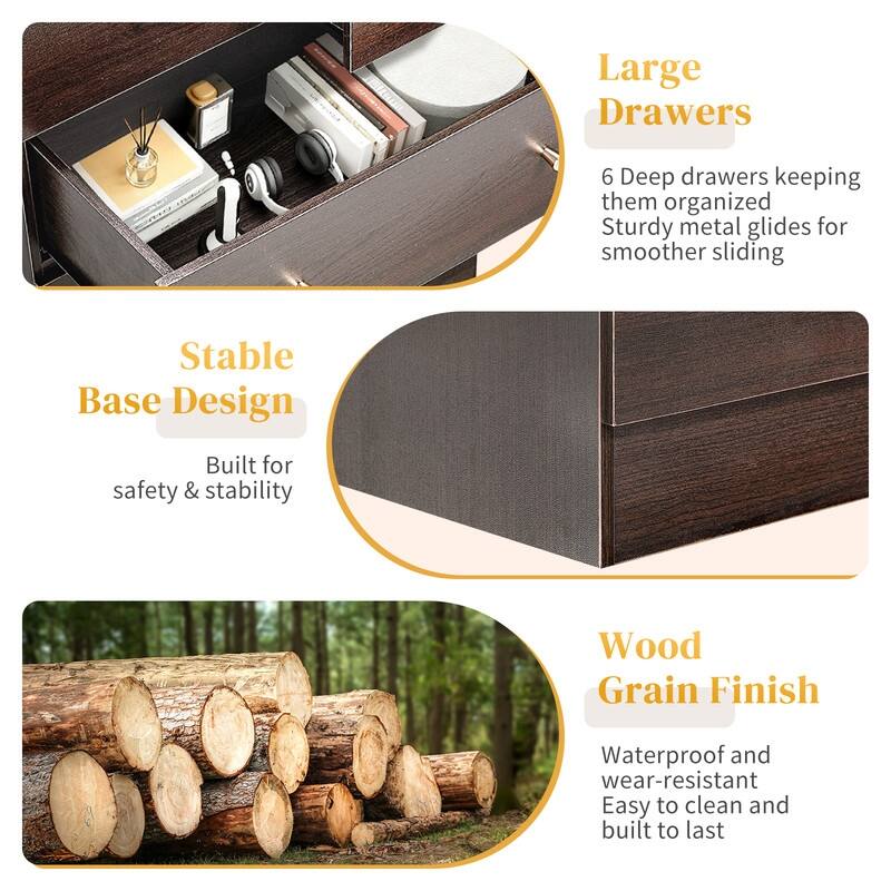 6-Drawer Large Dresser For Bedroom And Chest Of Drawers With Sturdy Construction Wood Storage Organizer For Closet