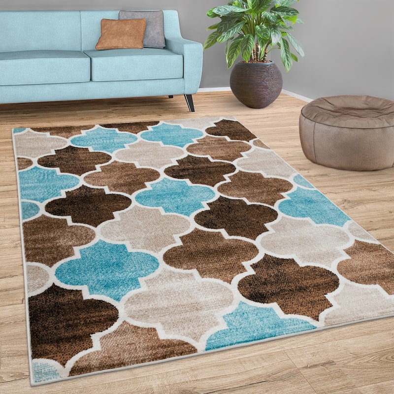 Brown Blue Area Rug with Modern Moroccan Pattern for Living Room - 3'11" x 5'7" - Beige