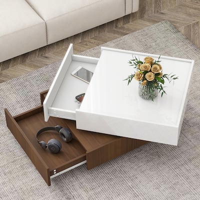 Square 360°Rotating Coffee Table with 2 Drawers