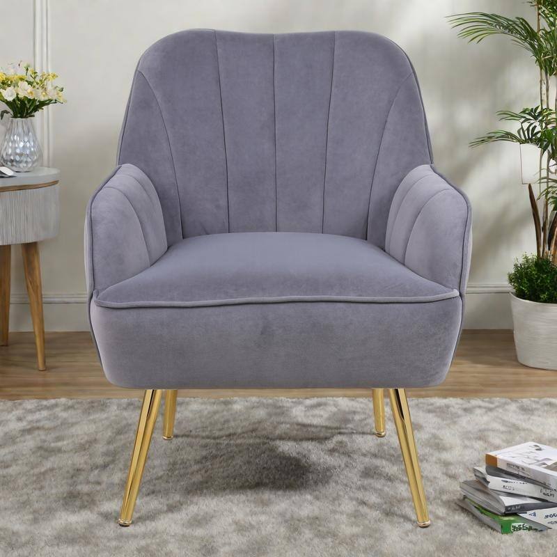 Velvet Mid-Century Armchair with Gold Legs and Modern Accent Chair (250lb Capacity) - Grey