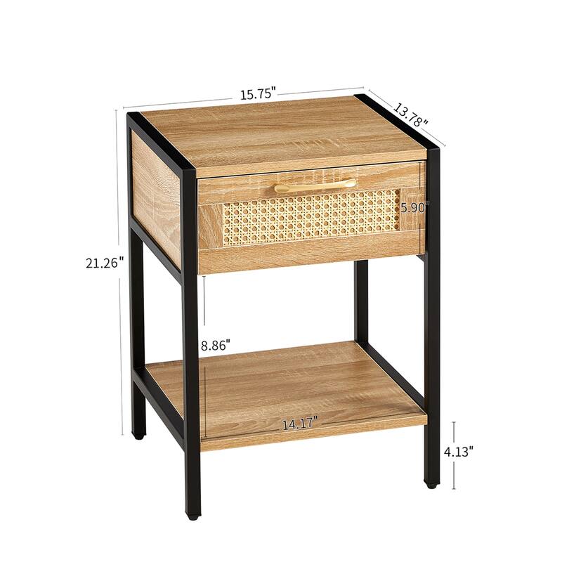Rattan End Table with Drawer and Metal Legs