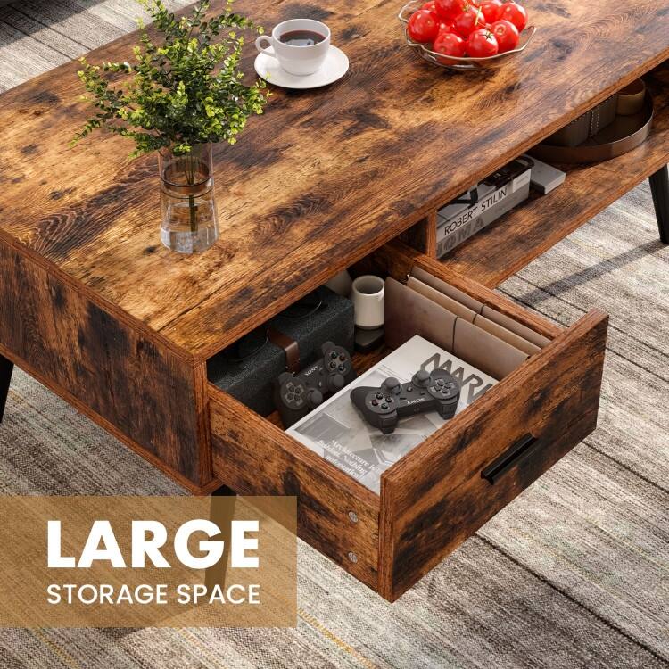 Mid-Century Coffee Table with Drawer and Open Shelf for Storage - 43" x 21.5" x 17.5"