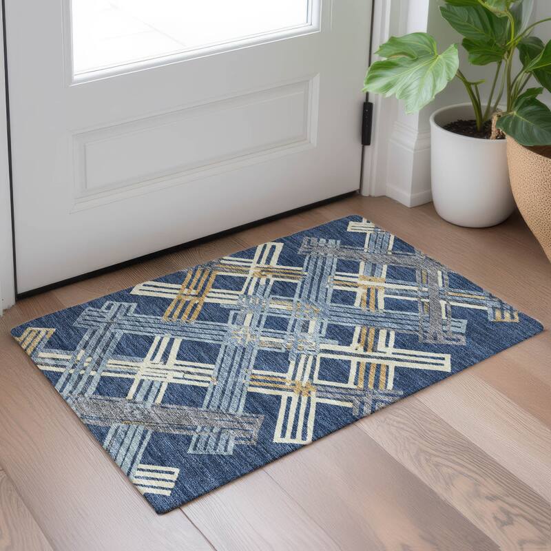 Machine Washable Indoor/ Outdoor Modern Trellis Chantille Rug