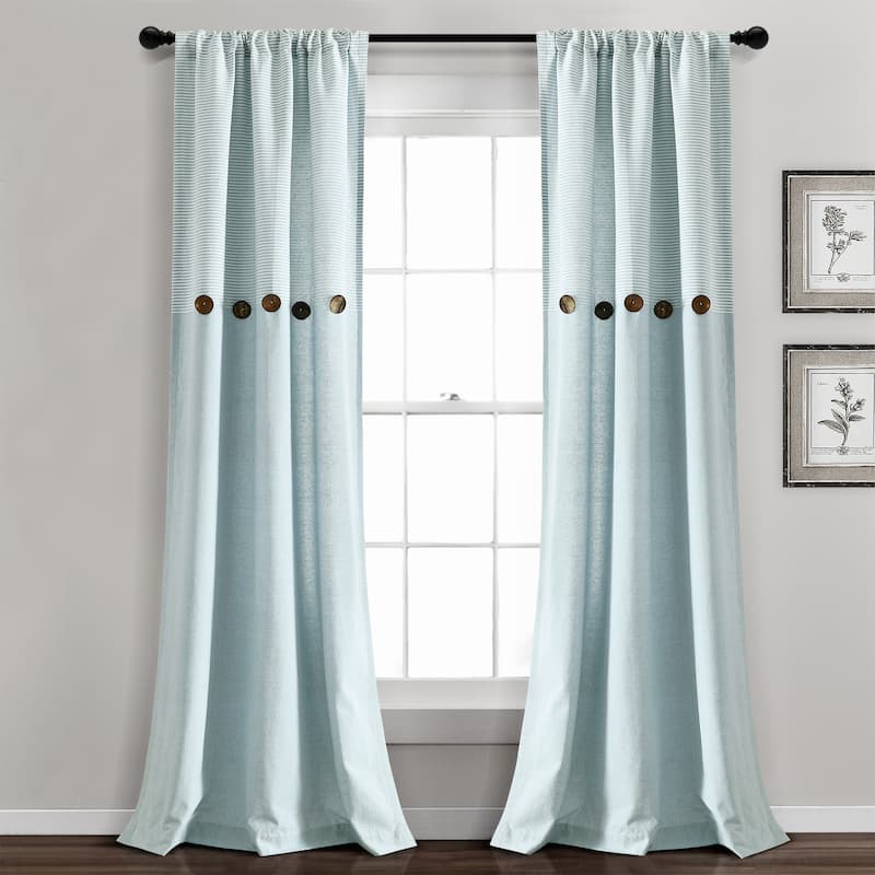 Lush Decor Farmhouse Button Stripe Yarn Dyed Woven Cotton Window Curtain Panel Pair - 84 Inches - Blue