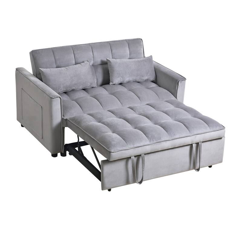 Modern Velvet Loveseat Futon Sofa Couch Pullout Bed, Small Love Seat Lounge Sofa w/Reclining Backrest, Toss Pillows, Pockets