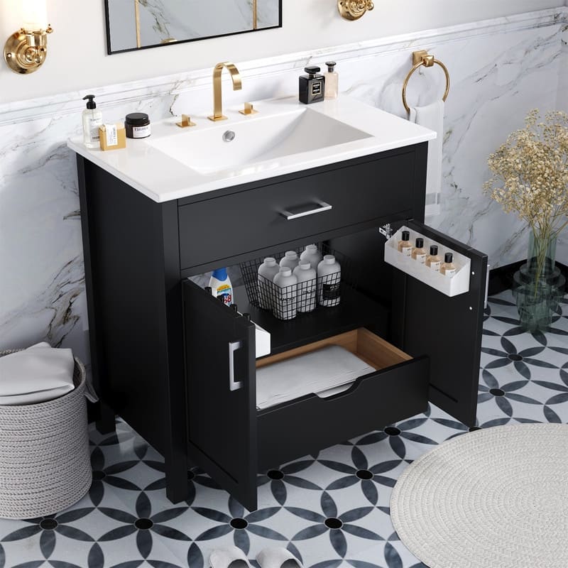 30'' Bathroom Vanity with Ceramic Sink Top, Bathroom Storage Cabinet with 2 Soft Close Doors, 1 Storage Shelf and Drawer