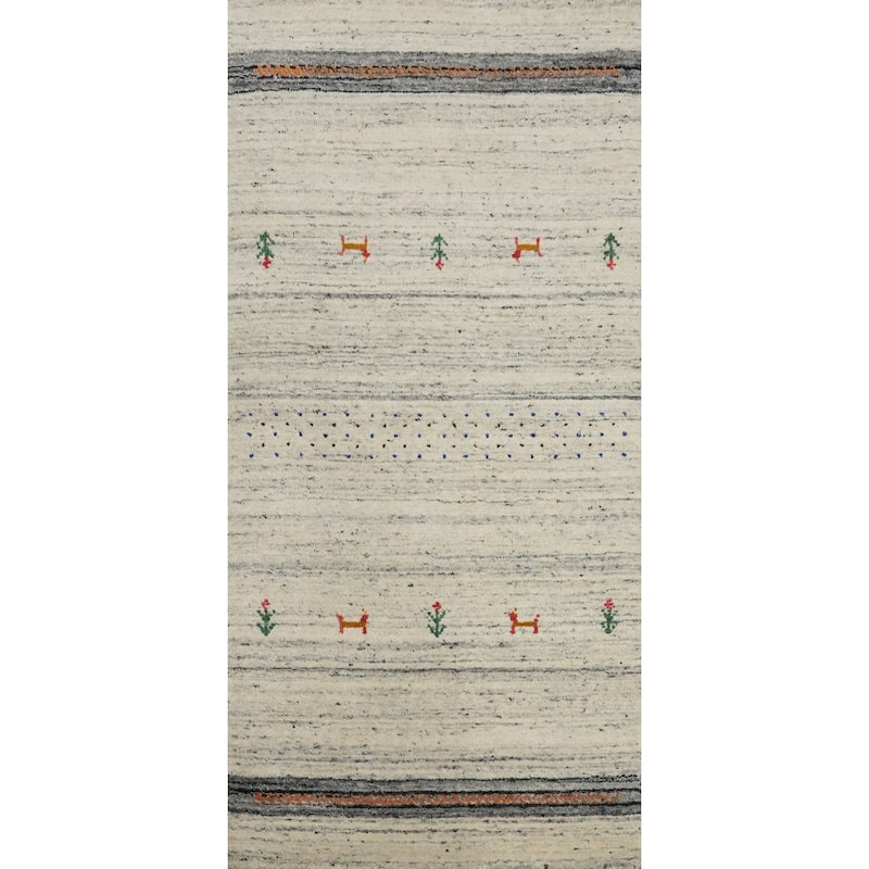 Hand Knotted Oriental 100% Wool Carpet Tribal Animal Pictorial Beige & Ivories Gabbeh Runner Rug - 4' 9'' X 2' 0''