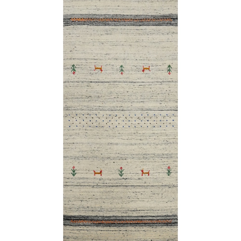 Hand Knotted Oriental 100% Wool Carpet Tribal Animal Pictorial Beige & Ivories Gabbeh Runner Rug - 4' 9'' X 2' 0''