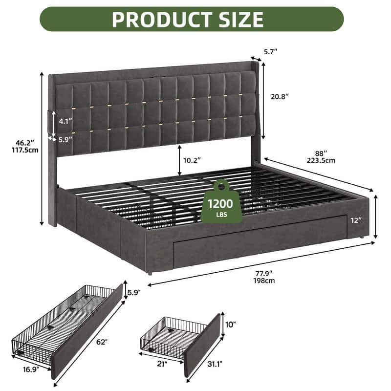 Moasis King Size Velvet Platform Bed with 4 Drawers,Bed Frames with RGB Light & Built-in Charging Station - Grey-3 Drawers - King