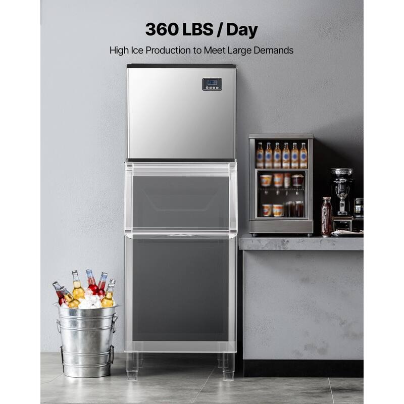 Silver Stainless Steel Commercial Ice Maker with 360 lbs Daily Output and Self Cleaning - 22.2 x 17.6 x 20 in
