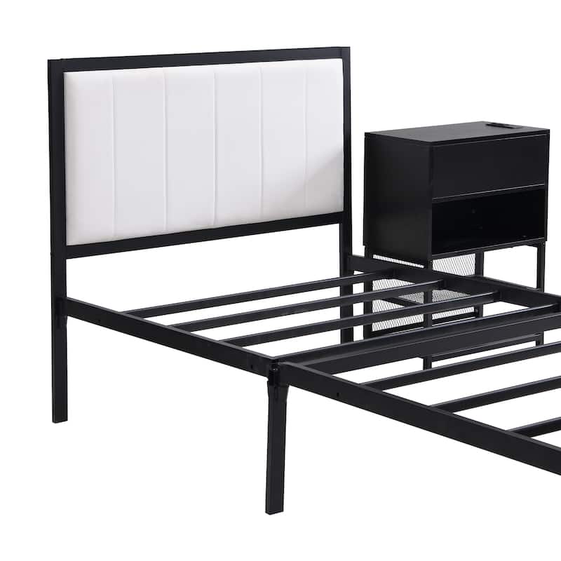 Platform Bed with 2-Tier Storage Shelves & Wooden Storage Cabinet, Metal Bed Frame w/Upholstered Headboard & USB Ports
