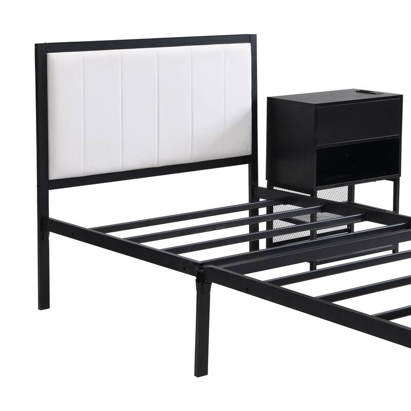 Twin Size Metal Platform Bed Frame with Two-Tier Storage Shelves and Wooden Cabinet, Sleek and Functional for Bedroom
