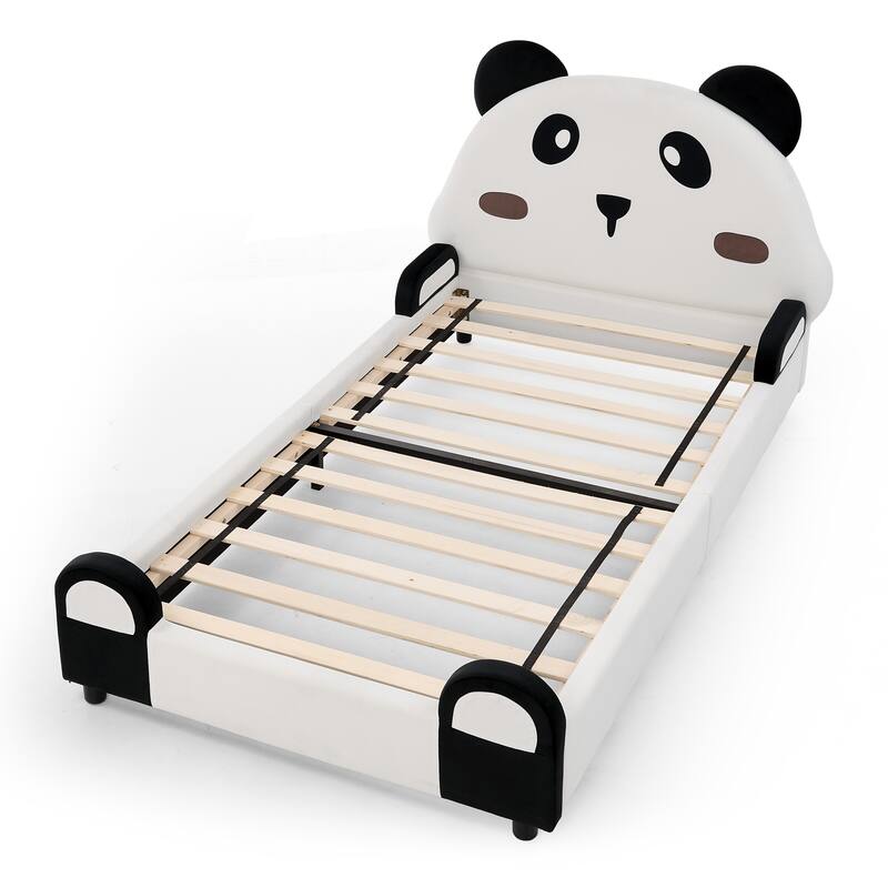 Twin Panda-Shaped Kids Bed with Soft Padded Safety Edges - Solid Wood Toddler Bed Frame in Velvet Fabric