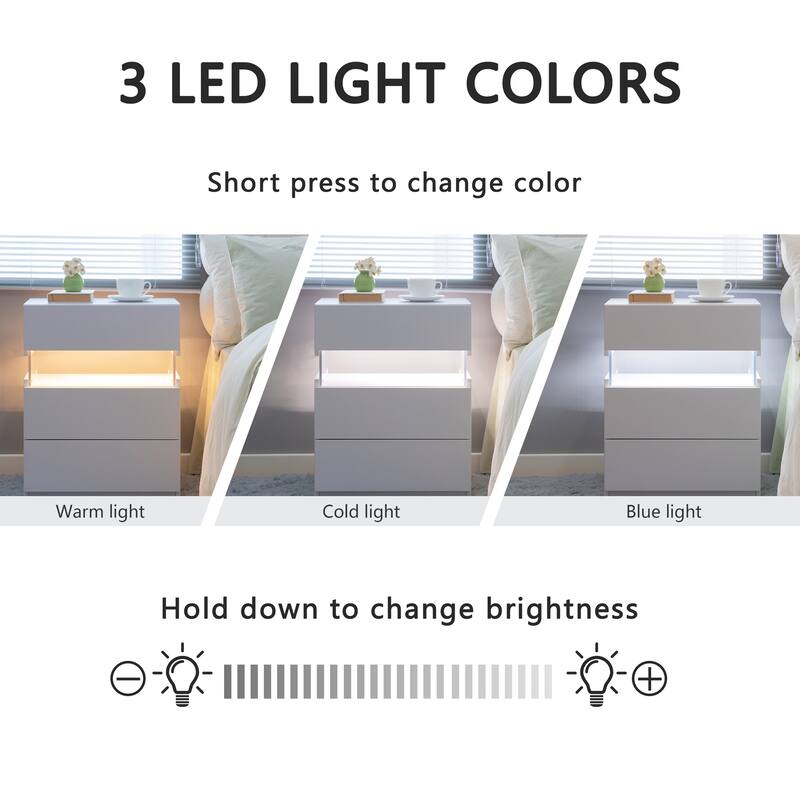 3 Drawer LED Nightstand with Acrylic Board and RGB Lighting for Bedroom, Living Room, or Office