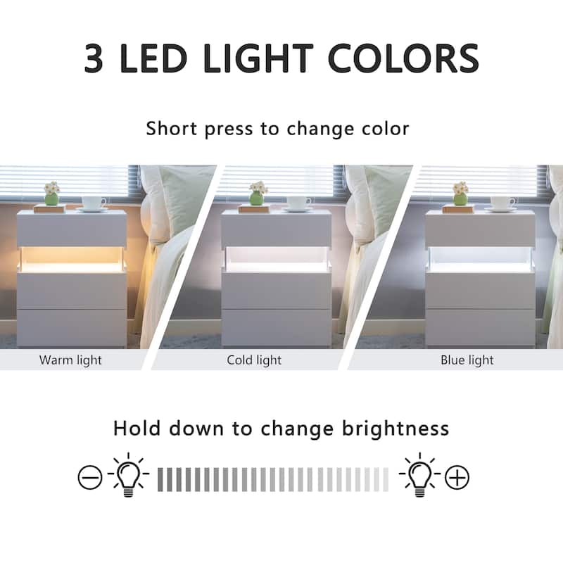 LED Nightstands, Acrylic Board LED Bedside Tables Table with 3 Drawer Dresser for Bedroom Living Room Bedside Furniture