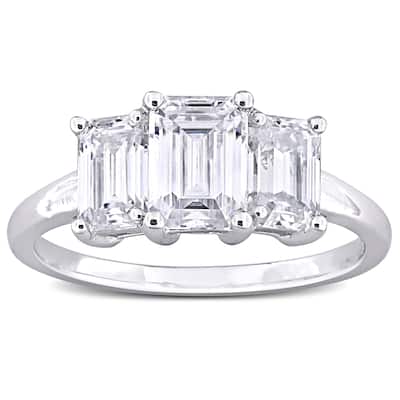 Miadora 2 1/5ct DEW Emerald-cut Created Moissanite Three-Stone Engagement Ring in Sterling Silver