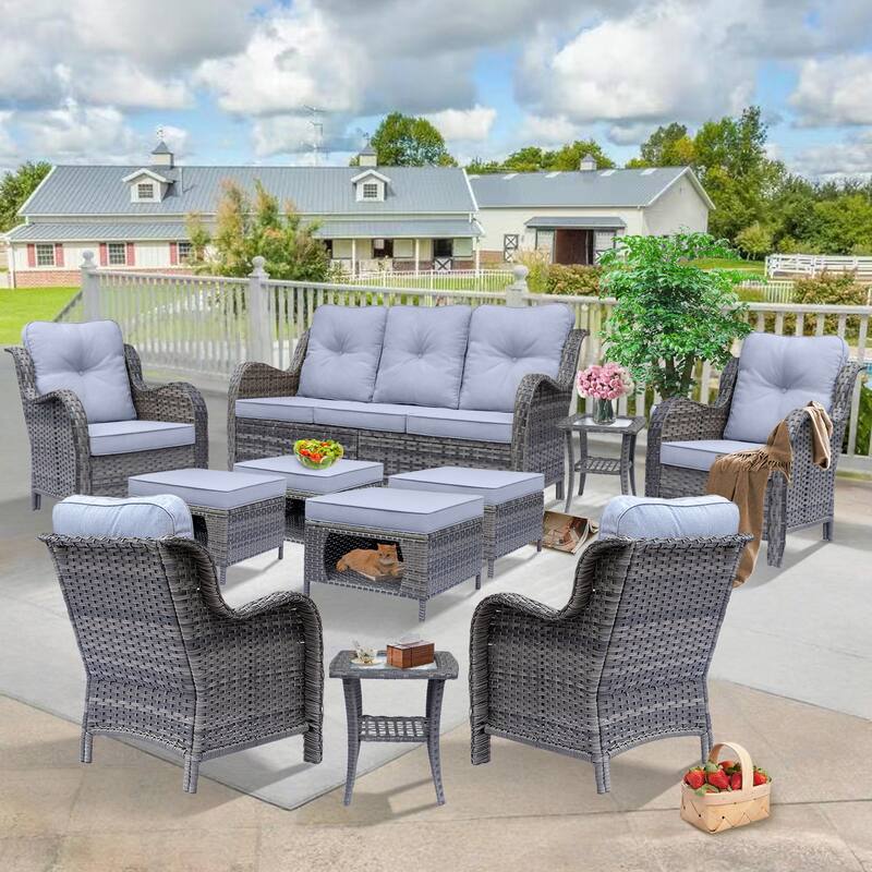 Gray Rattan Wicker High Back Outdoor Patio Furniture Sofa Seating Set