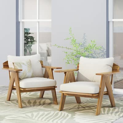 Set of 2 Outdoor Patio Acacia Wood Club Armchairs with Thick Cushions - 2-Piece