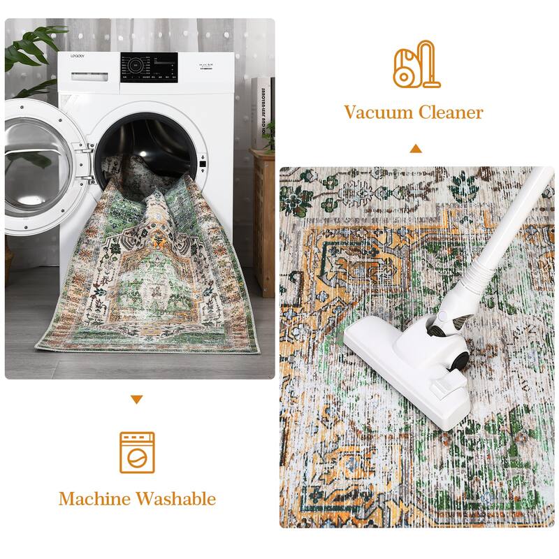 Vintage Medallion Living Room Rug Washable Soft Non-Slip Low Pile Area Rug Indoor Distressed Accent Rug