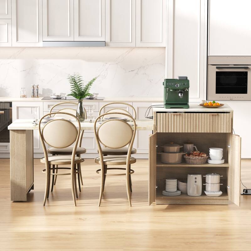 Fluted Kitchen Island with Extendable Dining Table, Power Outlet, Double Side Storage, 2 Drawers and 2 Side Open Shelves