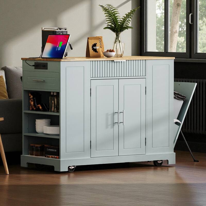 47" Fluted Kitchen Island with Trash Can Cabinet, Power Outlet, Rubber Wood Top, Rolling Storage Cart with Drawers & Side Racks - Grey Blue