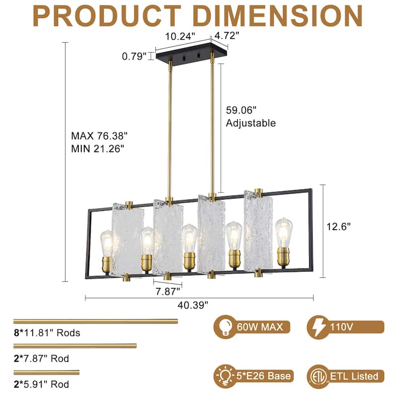 5-Light Linear Kitchen Island Pendant Light Textured Glass Panels - Dia.40.39-in