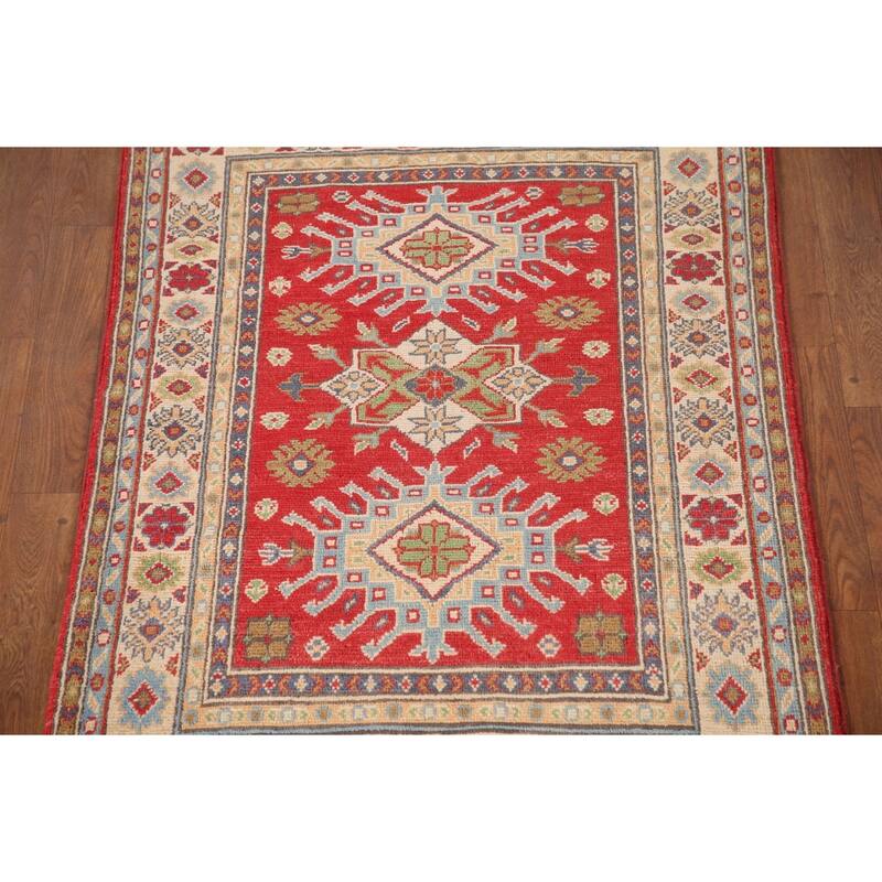 Red Geometric Kazak Accent Rug Handmade Oriental Wool Carpet - 2'11"x 4'3"