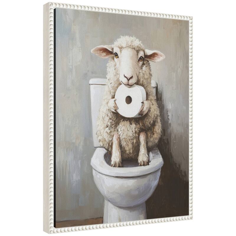 Kate and Laurel Sylvie Cute Sheep Holding Toilet Paper Roll Toilet Bathroom Art Framed Canvas by The Creative Bunch Studio - 18x24