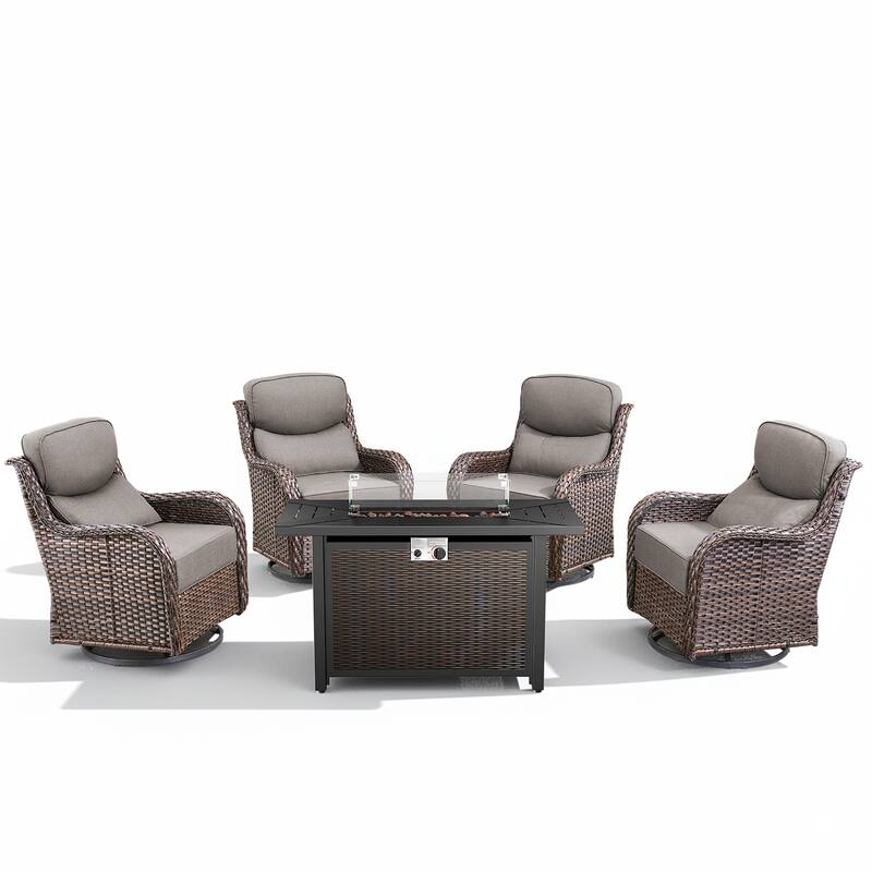 Arcadia 5-Piece Wicker Patio Set with 4 Swivel Glider Chairs and All-Iron Fire Pit