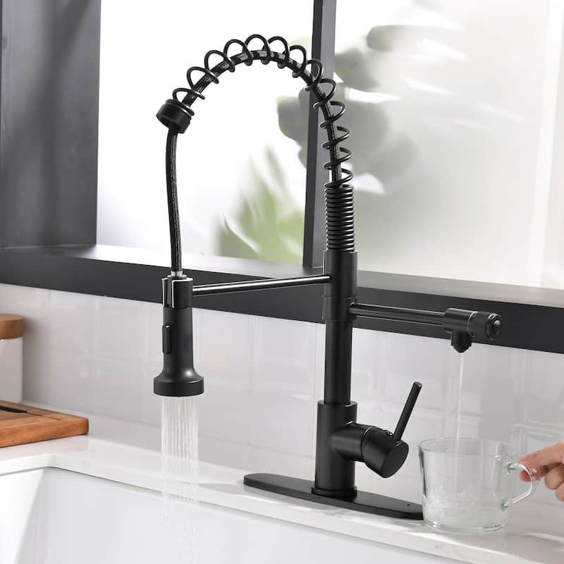 Black Single Handle Pull-out Kitchen Faucet with Drain Rack