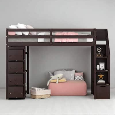 Twin Size Wooden Loft Bed with Drawers, Shelves, and Stairs for Kids Teens, No Box Spring Required