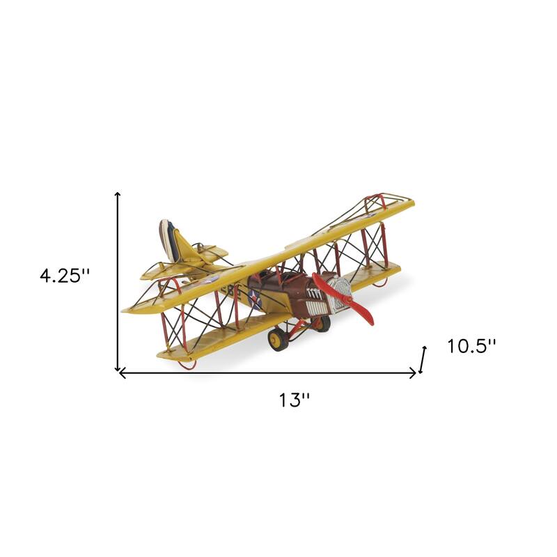HomeRoots 4" Yellow and Red Metal Hand Painted 1918 Yellow Curtiss JN-4 Model Airplane - 13' X '4.25' X '10.5